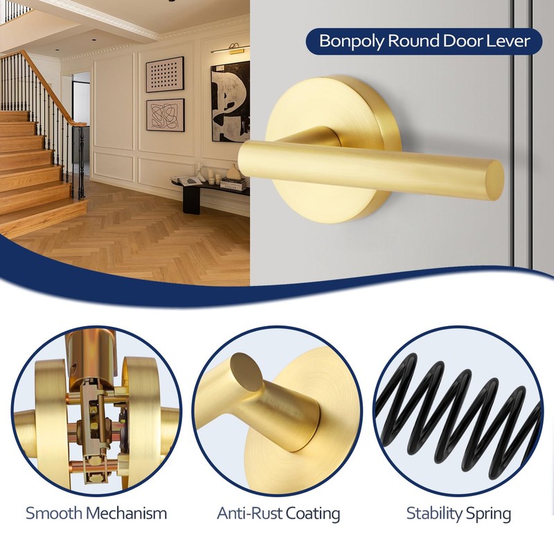 Bonpoly 2 Pack Satin Brass Door Handles, Interior Door Knobs