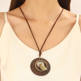 Leather Cord Necklace for Women Handmade Boho Choker Necklace Long Bird Leather Pendant Bohemian Sweater Chain Neckalce Vintage Alloy Pendant Leather Rope Necklace Wooden Necklaces (Dark Brown)
