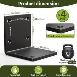Wuno Shop 4 Pcs 6"x6"x5" Heavy Duty Steel Corner Brackets, 90 Degree Countertop Fireplace Mantel Bracket, L Shelf Bracket, 6x6 Post to Beam Connector, Thickness 1/4"(6 mm), Max Load 300lbs
