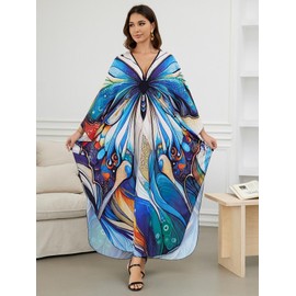 Kaftan Dresses for Women Maxi Coverup Batwing Sleeves Swimwear Bohemian Butterfly Print Ethnic Vacation