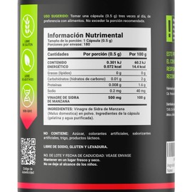 Vinagre de Manzana 500 mg 180 Cápsulas. Ingredientes naturales. Apple Cider Vinager B Life.
