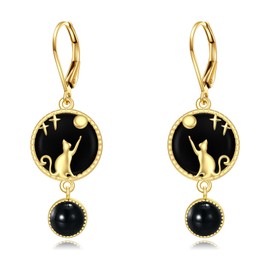 Black Cat Earrings Sterling Silver Cute Cat Earrrings Black Onyx Earrings Cat Dangle Earrings Cat Jewelry Gifts for Women