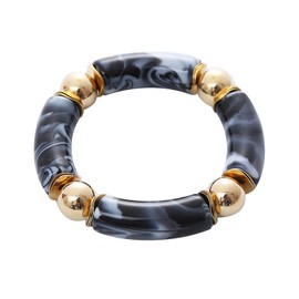 Bamboo Tube Beaded Acrylic Bangle Bracelets Gold Plated Colorful Chunky Curved Tube with Gold Pieces Beads Stretch Bracelet Friendship Summer Beach Jewelry for Women-B Black