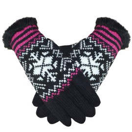 LADIES WOMENS FAIRISLE KNITTED GLOVES WITH FLEECE THERMAL LINING-CERISE
