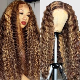 13x4 Deep Wave Lace Front Wigs Human Hair Pre Plucked 4/27 Highlight Brazilian Wet and Wavy Human Hair Wigs 180% Density Glueless Curly Lace Frontal Wigs Human Hair 28 inch