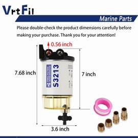 Marine Fuel Water Separator Filter S3213 with Clear Bowl – Direct Compatible with Yamaha 35-60494-1 & Mercury 18-7932-1 | 3/8" Barb x 1/4" NPT Fittings, PTFE Tape