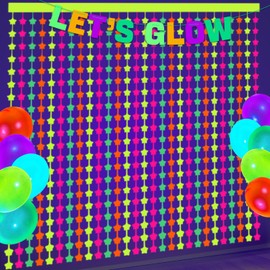 Neon Party Decorations - 2 Pcs Colorful Fluorescent Star Tinsel Curtains Neon Streamers for Glow in the Dark Party Supplies Photo Booth Prop Backdrop Streamer