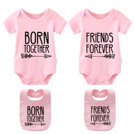 YSCULBUTOL Baby Twins Bodysuits Best Friends Forever Baby Clothes Set with Bibs Girl Outfit with hat (Pink, 0-3 Months)