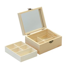 3 Pack Unfinished Surface Wood Jewelry Box (6x4.7x3 in) Small Wooden Chest Case with Glass Mirror