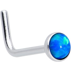 Body Candy Stainless Steel Blue 2mm Synthetic Opal L-Shaped Nose Stud Ring 20 Gauge 1/4"