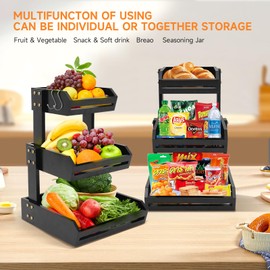 KISENG Bamboo Fruit Basket for Kitchen – 3 Tier Fruit Bowl For Kitchen Counter, Large Fruit Holder With 2 Banana Hangers, Idea For Fruit and Vegetable Storage, Bread Basket, Snack Organizer, Black