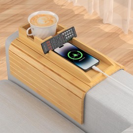 Bamboo Sofa Armrest Tray,Couch Arm Tray with Detachable Couch Cup Holder Tray,2 in 1 Design Anti-Slip Foldable Sofa Table Tray,Cup Holder Tray for Drinks Cup Cellphone Remote Snacks Eating Table