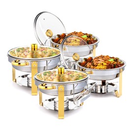 ROVSUN 5QT 4 Packs Chafing Dish Buffet Set Gold Accent, NSF Round Stainless Steel Buffet Warmer Chafers and Warmers Sets with Glass Lid & Lid Holder for Catering Events Parties Weddings Dinners