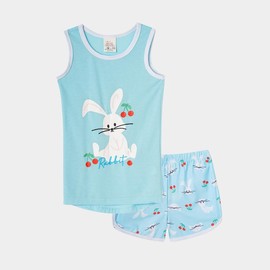 MyFav Tank Tops Pajamas Set for Girls Summer Cartoon Unicorn Sleeveless Nightwear 4 Pieces Sleepwear PJs,Blue Rabbit, 8Y