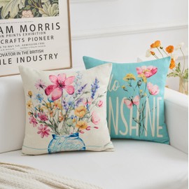 Voreppy Cushion Covers 45 x 45 cm Floral Waterproof Linen Blue Outdoor Pink Floral Green Leaves Decorative Pillow Covers for Garden Sofa Couch Bed Home Decor Set of 4