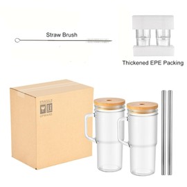 hosck 24oz Mason Jar Cups with Handle, Clear Glass Tumbler with Bamboo Lid and Straw, 2 Pack Glass Iced Coffee Cup with Lids, Cold Drinking Glasses for Iced Coffee, Juice, Bubble Tea, Milkshake