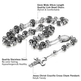 Women's Stainless Steel Christian Catholic Religious Rosary Cross Crucifix Pendant, Long Link, Ball Beads, Chain Necklace, Silver, Stainless Steel