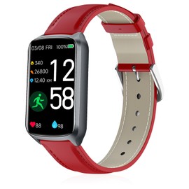 Lzwldan Leather Watch Bands Compatible with Amzhero Fitness Tracker,Soft Genuine Leather Replacement Wristband for FITVII Slim/KALINCO Slim/MorePro HM08 Watch for Women Men, Red