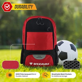 Vizari Soccer Backpack With Ball Compartment and Vented Ball Pocket and Mesh Side Cargo Pockets for Adults and Teens