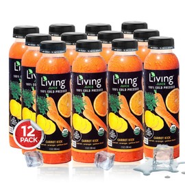O2 Living Carrot Kick Organic Juice Drink - 12oz, 12 Pack - Cold-Pressed Juice Drink with No Added Sugars or Water, Natural Sweetness from Fruits, Packed with Nutrients & Vitamins, Refreshing, Non-GMO