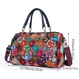Segater® Women’s Multicolor Floral Boston Bag Genuine Leather Hobo Purses Colorful 3D Splicing Shoulder Bag Ladies Crossbody Bags