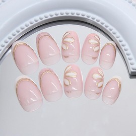 24Pcs Almond Press on Nails Short Length White French Tip Fake Nails with Glitter Designs Gold Line Flower Acrylic Nails Full Cover Spring False Nails White Floral Stick on Nails for Women Nail Decor
