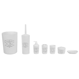 7-Piece Paris Bathroom Set (White), By Home Basics | Made From Plastic | Includes Tumbler, Toothbrush Holder, Soap Dish, Lotion Dispenser, Cotton Ball Holder, Toilet Brush Holder, and Wastebasket