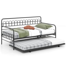 Costway Twin Daybed with Trundle Curved Backrest & Armrests Heavy-duty Metal Slats