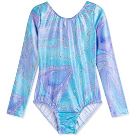 HOZIY Girls Leotards for Gymnastics Long Sleeve Sleeved Unitard 5t Size 5-6 Year Old Blue Purple Marble Tumbling Outfits Bodysuits Leotardos Para Gimnasia Ninas