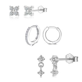 3 Pairs Sterling Silver Stud Hoop Earrings Set for Women Girls, 14K White Gold Plated Earrings Stacks Dainty Small Flower Cubic Zirconia Stud Hoop Earrings Sets for Multiple Piercings
