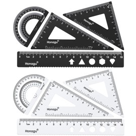 Honagu Triangular Ruler Set, 2 Sets/8 Pieces Aluminum Alloy Ruler, Metal Drafting Ruler, Geometric Protractor for Students, Draftsmen, Engineers, School Office Supplies(15cm/5.9inches, Black+Silver)