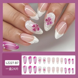 24Pcs Purple Flower Press on Nails Medium Almond French Tip Fake Nails with 3D Rhinestones Design White Full Cover Artificial Glue on Nails Spring Summer False Nails Cute Stick on Nails for Women DIY