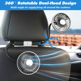 Helmsyde Car Rear Seat Fan, 360° Double Head USB Fan for Car, 5V 2A Car Cooling Fan 3 Speeds for Rear Seat Passengers with Light, for SUV RV Truck