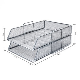 EXERZ Letter Trays 2pcs Stackable Paper Sorter/Desk Organiser/File Tray for Desk - Wire Mesh Metal File Rack - Office, School, Home Study (EX63574-2SILVER)