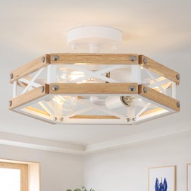 3-Light Modern Farmhouse Wood Flush Mount Ceiling Light Fixture 14.5 inch Vintage Natural Wood and Metal Cage Semi Flush Mount Ceiling Light for Hallway Entry Bedroom Farmhouse, White