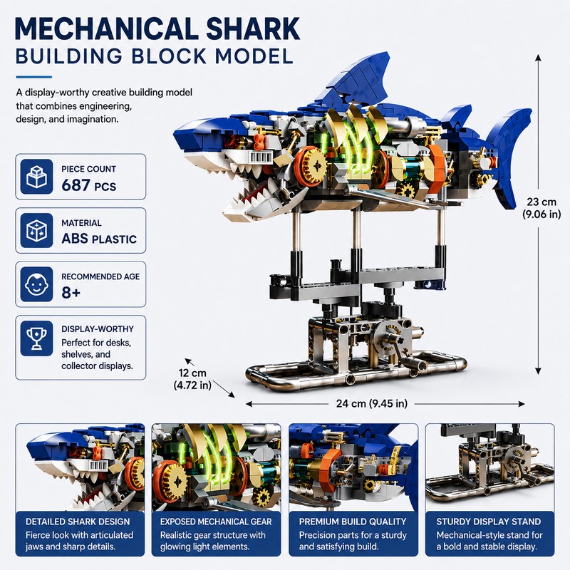 Mechanical Shark Building Set for Creative Play – 687-Piece Light-Up