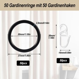 Pack of 50 Metal Curtain Rings, 30 mm Inner Diameter Curtain Rings, Black with Plastic Curtain Hooks, Curtain Rings for Rod, Curtain Rings for Curtain, Shower Curtain, Window Curtains