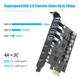 Sinefine Tarjeta de expansión PCIe a USB 3.0 7 puertos USB (4 puertos USB tipo A y 3 puertos USB tipo C), tarjeta de expansión PCI Express USB para PC de computadora, tarjeta host compatible con