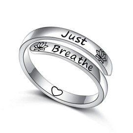 Ladytree Adjustable Inspirational Rings 925 Sterling Silver Yoga Lotus Flower Stacking Wrap Spiral Twist Statement Band Encouragement Jewelry for Women Men(Just Breathe)