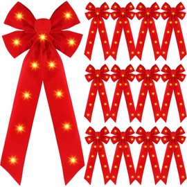Crowye 12 Pcs Red LED Christmas Bows Lighted Xmas Bows Decoration Red Velvet Wreath Bows LED Light Bows Christmas Tree Topper for Indoor Outdoor Christmas Winter Decoration(8 x 19 Inches)
