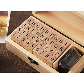 Yansanido 36pcs/Set Mini Small Wooden Stamps Box Multipurpose 0.2'' / 5mm Number A-Z Alphabet Letter Wood Rubber Stamp (A)