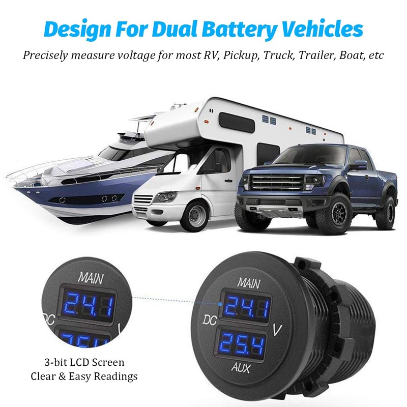 Zpana Car LED Digital Double Voltmeter, DC 12-24V Waterproof Round