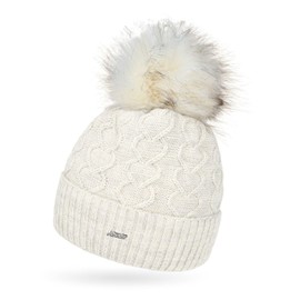 Neverless® Ladies Knitted Hat Fur Pom Faux Fur Bobble Hat Fleece Lining Heart Knitting Pattern Envelope, 21169 cream