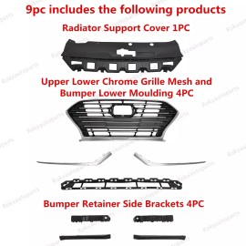 ROKY 9PC For Sonata 2018-2019 Upper Lower Chrome Grille Mesh Bumper Moulding Brackets