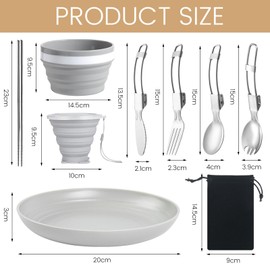 Muorruo Camping Plates, Bowl, Cup, Cutlery Set for 1 Person, Foldable Portable Camping Plate and Bowl Set, Dinnerware Set for Hiking, Travelling and Outdoors, Grey