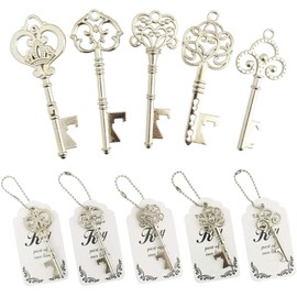 WODEGIFT 50pcs Skeleton Key Bottle Opener Wedding Party Favor Souvenir Gift with Escort Tag and Silver Chains (Silver,5 Styles)