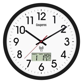 Couperos Analog Wall Clock,12inch Atomic Clock with LCD Display for Perpetual Calendar and F° Temperature,AUTO DST, Battery Operated,Modern Style fits Any Decor