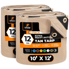 Heavy Duty Tan Poly Tarp 10' X 12' (2-Pack) - Multipurpose Protective Cover - Durable, Waterproof, Weather Proof, Rip and Tear Resistant - Extra Thick 12 Mil Polyethylene - by Xpose Safety