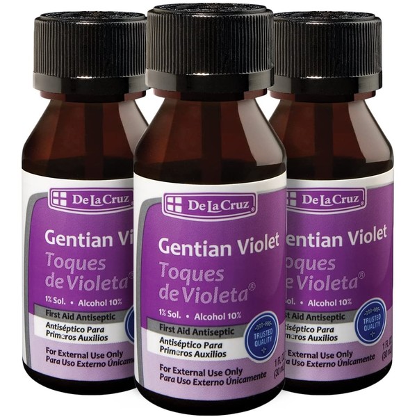 De la Cruz Gentian Violet - Violeta de Genciana - Tincture of Violet 1% First Aid Antiseptic, 1 FL OZ (3 Bottles)