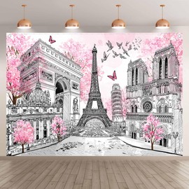 Luminora 7x5ft Fabric Eiffel Tower Backdrop Paris Wall European City Landscape Pink Flowers Background Girls Party Decorations Wall Tapestry Photo Banner Props